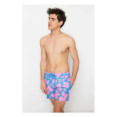 Trendyol Blue Men's Standard Size Floral Print Swimwear Marine Shorts