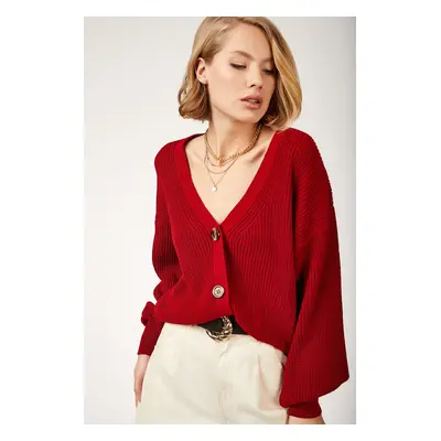 Happiness İstanbul Women's Red V-Neck Buttoned Knitwear Cardigan