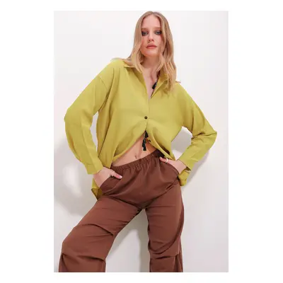 Trend Alaçatı Stili Women's Mustard Oversize Linen Shirt