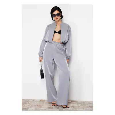 Trendyol Anthracite Satin Wide Leg/Wide Leg Elastic Woven Trousers