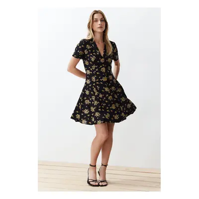 Trendyol Black Floral Patterned Mini Woven Shirt Dress