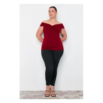 Trendyol Curve Claret Red Knitted Blouse with Knot Detail