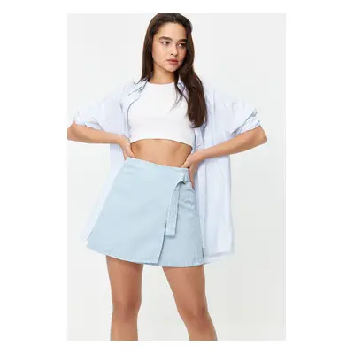 Trendyol Light Blue Buckle Detailed Wrap High Waist Mini Denim Skirt