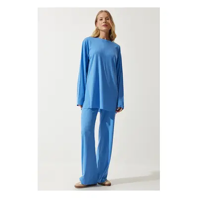 Happiness İstanbul Women's Sky Blue Corded Knitted Blouse and Trousers Set