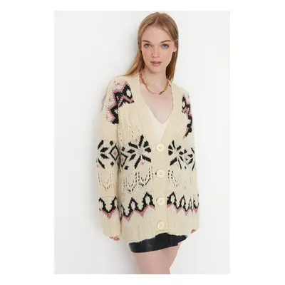 Trendyol Ecru Soft Textured V Neck Patterned Knitwear Knitwear Cardigan