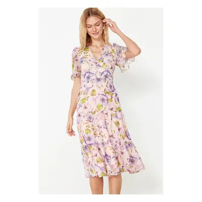 Trendyol Pink Floral Print A-Cut Flounced Midi Lined Chiffon Woven Dress