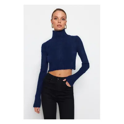 Trendyol Navy Blue Crop Měkký texturovaný pletený svetr