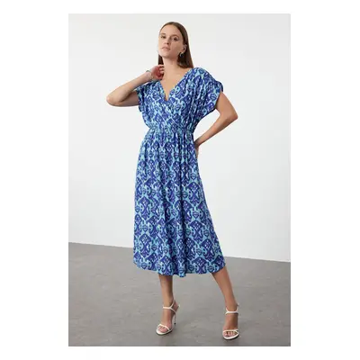 Trendyol Blue Printed A-Line Double Breasted Collar Woven Dress