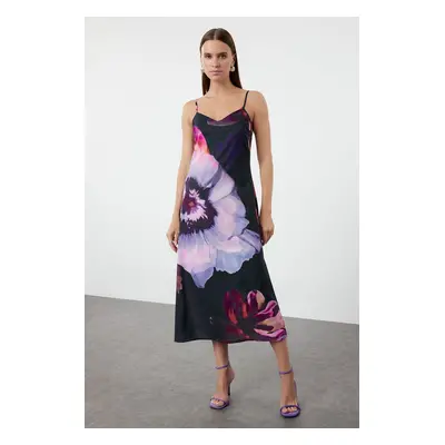 Trendyol Navy Blue Floral Patterned Midi Satin Woven Dress