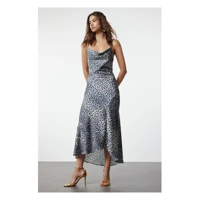 Trendyol Brown-Multicolor Leopard Patterned Lined Woven Satin Evening Dress