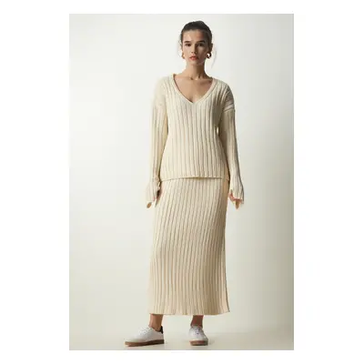 Happiness İstanbul Women's Cream Ribbed Sweater Skirt Knitwear Suit