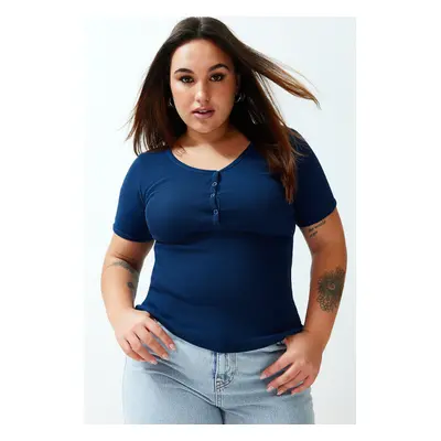 Trendyol Curve Blue Ribbed Snap Fastener Knitted Blouse