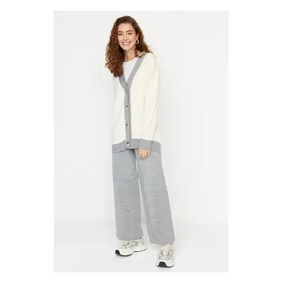 Trendyol Gray Stripe Detailed Cardigan-Pants Knitwear Set