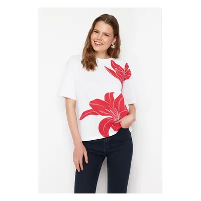 Trendyol White 100% Cotton Flower Printed Relaxed Knitted T-Shirt