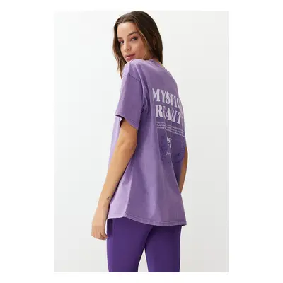 Trendyol Lilac Oversize/Wide Pattern Washed Slogan and Back Printed 100% Cotton Knitted T-Shirt