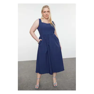 Trendyol Curve Indigo Square Neck Waist Elastic Gimped Midi Woven Plus Size Dress