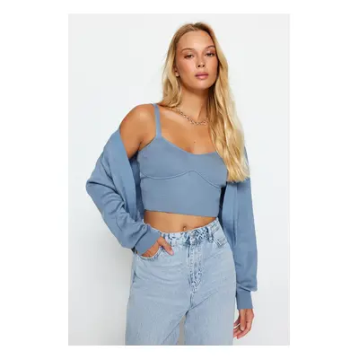 Trendyol Blue Crop Pletený svetr s výstřihem do V