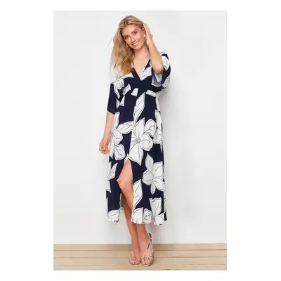 Trendyol Navy Blue Floral Print A-line Double-breasted Collar Midi Woven Dress