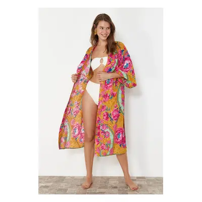 Trendyol Ethnic Pattern Belted Midi Woven 100% Cotton Kimono & Kaftan