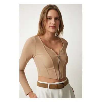 Happiness İstanbul Women's Beige Zipper Ribbed Crop Blouse