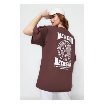 Trendyol Brown 100% Cotton Front and Back Printed Oversized/Wide Fit Knitted T-Shirt