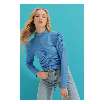 Trend Alaçatı Stili Women's Aviator Blue Half Turtleneck Collar With Smocking Detail in the Fron