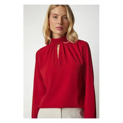 Happiness İstanbul Women's Red Window Detail Flowy Crepe Blouse