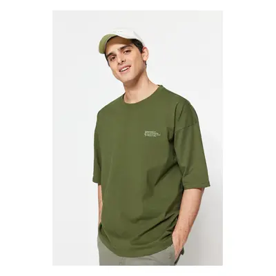 Trendyol Khaki Oversize/Wide Cut 100% Cotton Crew Neck Minimal Text Printed T-Shirt