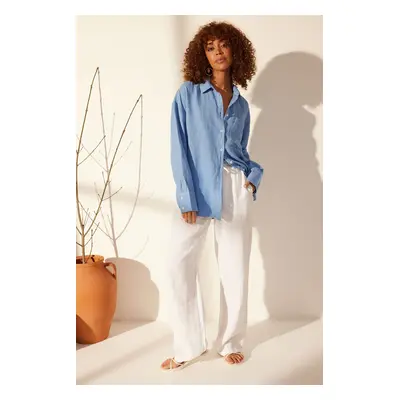 Trendyol Blue 100% Linen Oversize Shirt