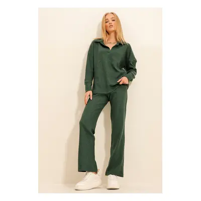 Trend Alaçatı Stili Women's Walnut Green Polo Neck Top and Palazzo Pants Knitwear Bottom Top Set