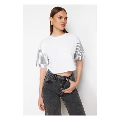 Trendyol White Striped Poplin Sleeve Detailed Slogan Printed Crop Knitted T-Shirt