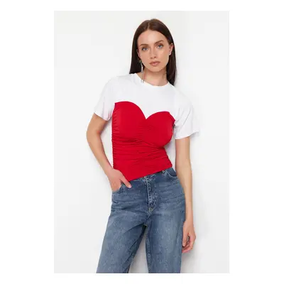 Trendyol Red Color Block Fitted Short Sleeve Stretchy Knitted Blouse with Smocking Detail