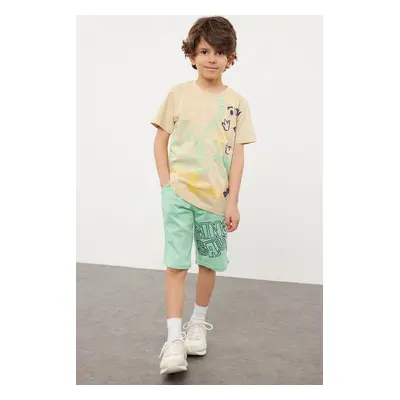 Trendyol Mint Boy Slogan Patterned T-shirt Shorts Set Knitted Bottom-Top Set