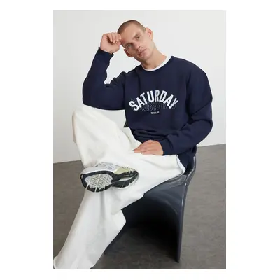 Trendyol Navy Blue Oversize/Wide Cut Text Printed Sweatshirt