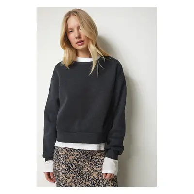 Happiness İstanbul Women's Anthracite Raised Crop Sweatshirt