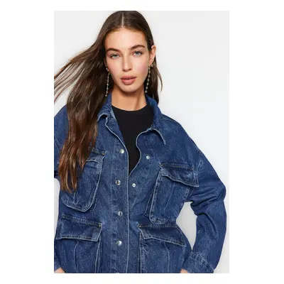 Trendyol Dark Blue Oversized Denim Jacket with Cargo Pocket