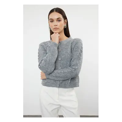 Trendyol Anthracite Soft Texture Pearl Detail Jacket Look Knitted Cardigan