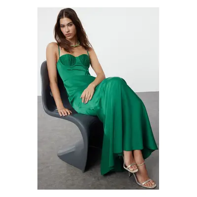 Trendyol Emerald Green Woven Satin Mermaid Cut Long Evening Dress & Graduation Dress