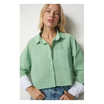 Happiness İstanbul Women's Green Pinstripe Crop Shirt