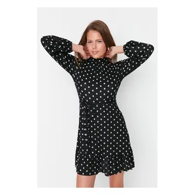 Trendyol Black Flounce and Decollete Decollete Skater/Waist Printed Ribbed Mini Knitted Dress