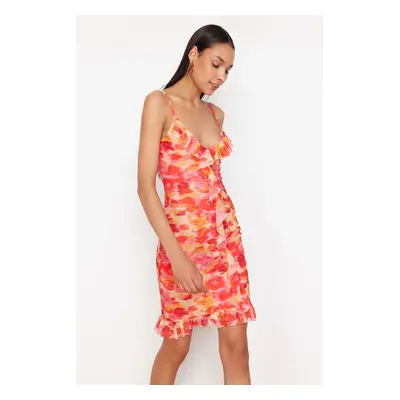 Trendyol Orange Printed Ruffle Detailed Strappy Body Fitted Flexible Knitted Mini Pencil Dress