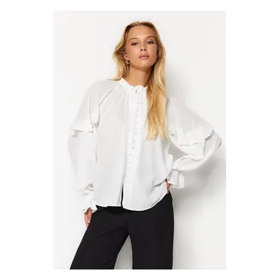 Trendyol Ecru Sleeves Flounced Stand Collar Oversize/Wide Fit Woven Shirt