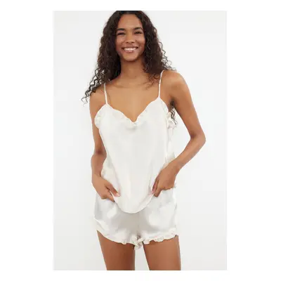 Trendyol Ecru Ruffled Rope Strap Satin Woven Pajama Set