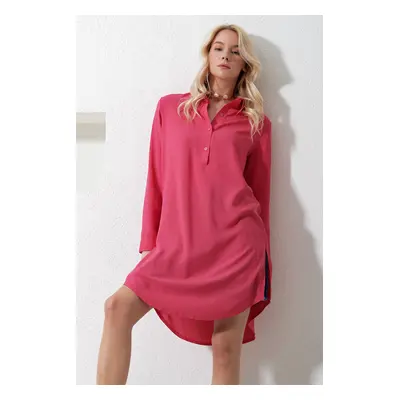 Trend Alaçatı Stili Women's Fuchsia Shirt Collar Half Pop Long Woven Tunic