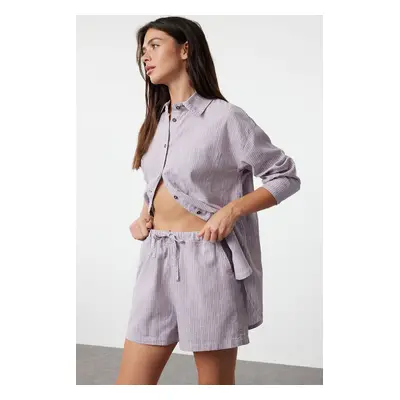 Trendyol Lilac Linen Blend Elastic Waist Striped Shorts