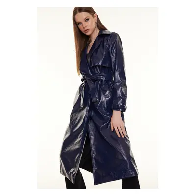 Trendyol Navy Blue Oversize Wide Cut Patent Leather Trench Coat