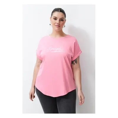 Trendyol Curve Pink Printed Oval Cut Boyfrind Knitted T-shirt