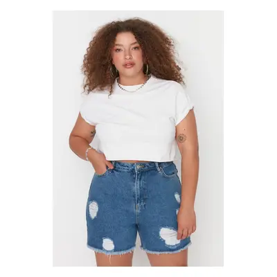 Trendyol Curve Dark Blue High Waist Destroyed Denim Shorts & Bermuda