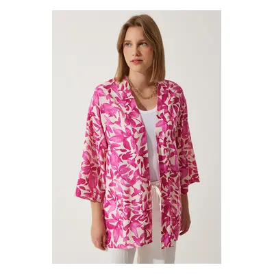 Happiness İstanbul Women's Pink Ecru Patterned Viscose Kimono