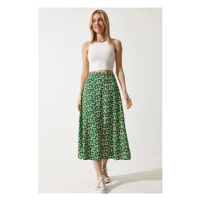 Happiness İstanbul Women's Green Orange Floral Slit Summer Viscose Skirt